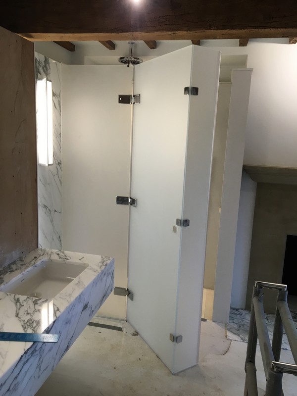 Bespoke frosted glass shower enclosure in Swiss Cottage luxury bathroom